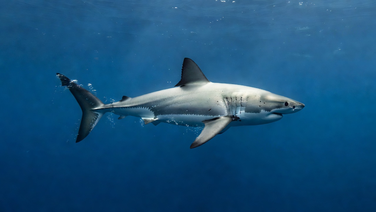 Great white shark swimming in profile with its streamlined body and crescent-shaped tail visible