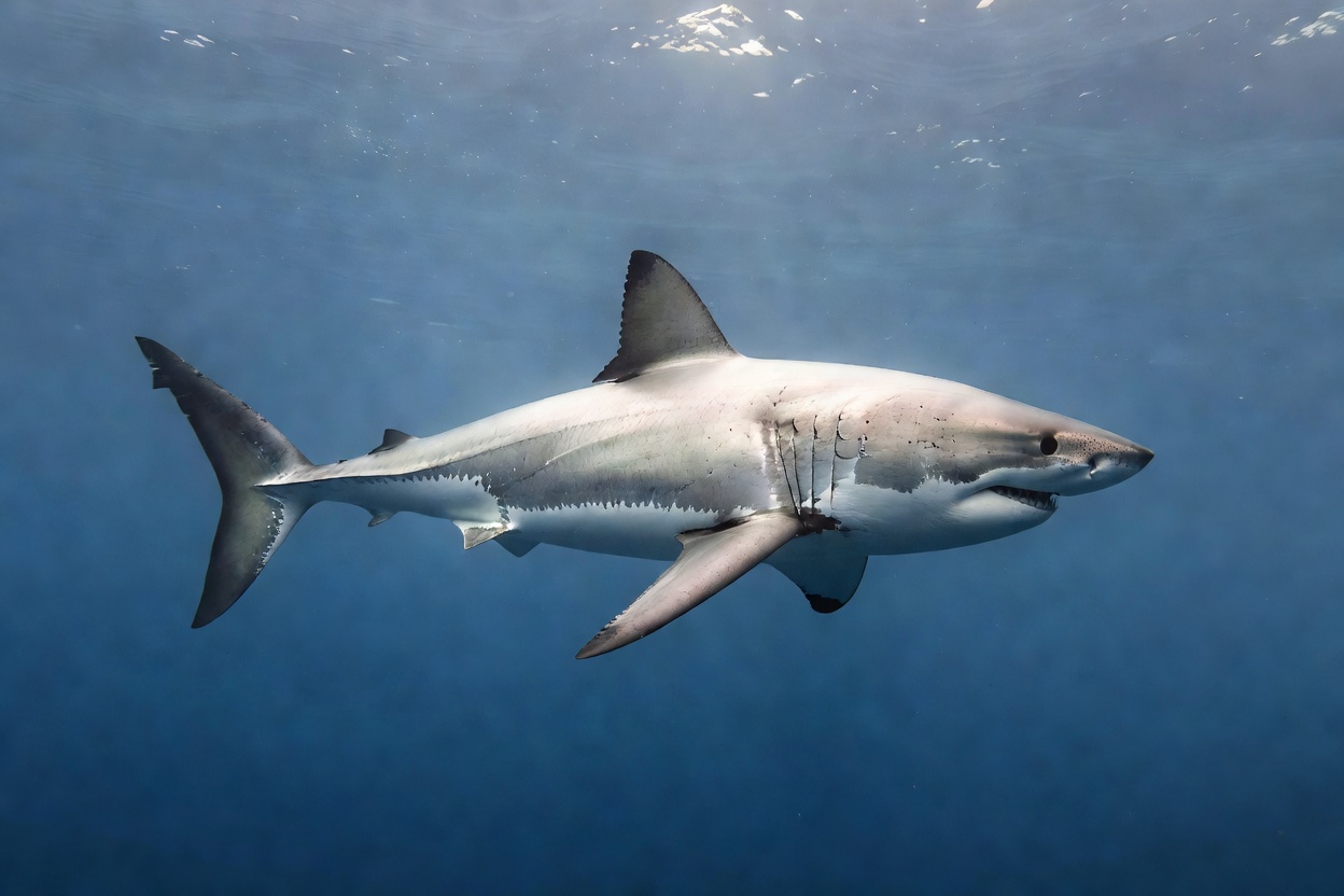 Great white shark in temperate blue water with a conical snout, triangular dorsal fin and white belly