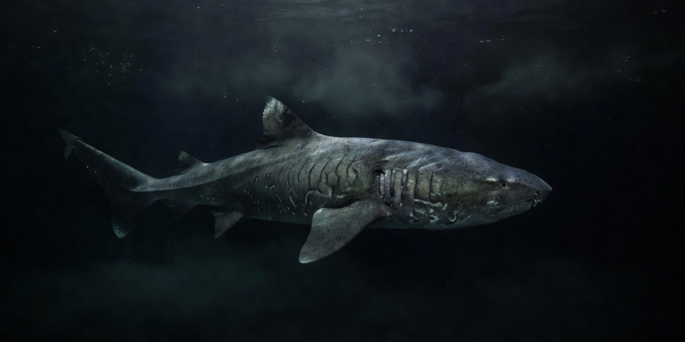Greenland shark swimming in dark North Atlantic water, showing its thick body and small dorsal fin