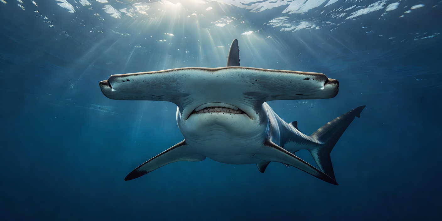Hammerhead shark seen from the front underwater, with widely spaced eyes and a broad sensory head