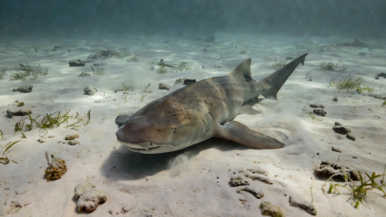 Nurse shark resting low against a sandy seafloor with its pectoral fins spread