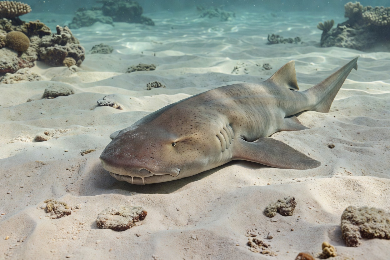 Nurse shark resting on sand with its rounded head and small mouth barbels visible