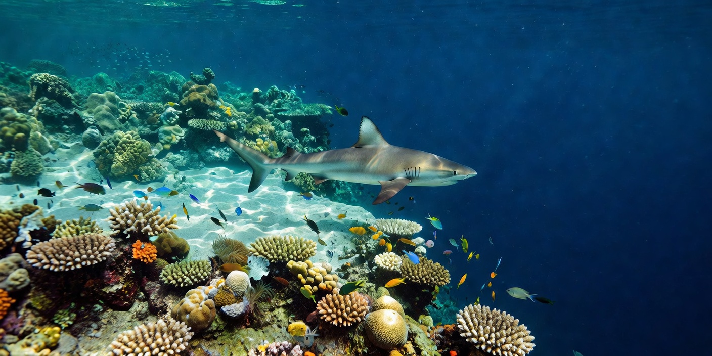 Reef shark swimming above a coral edge where shallow reef habitat meets deeper blue water