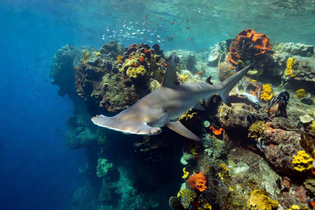 Scalloped hammerhead swimming beside a coastal drop-off, showing the indented front edge of its head