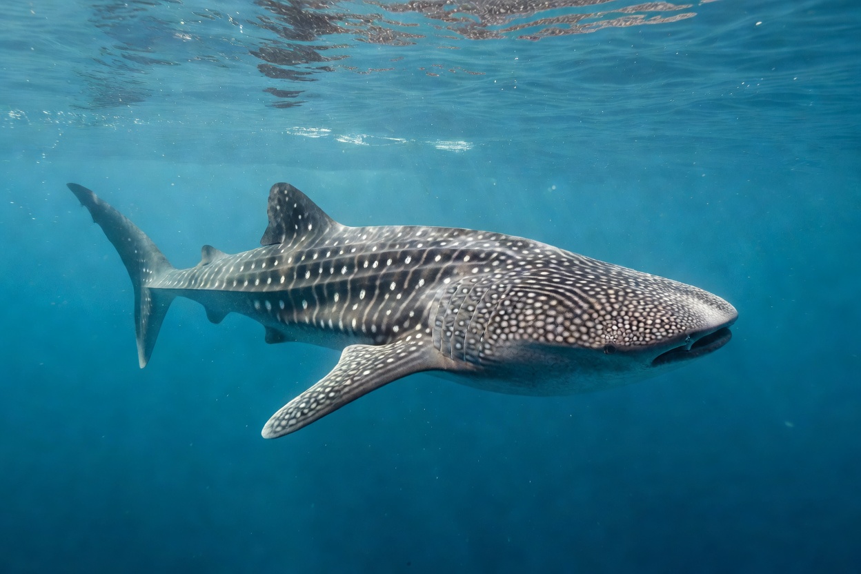 Whale shark in open tropical water with white spots and stripes clearly visible along its flank